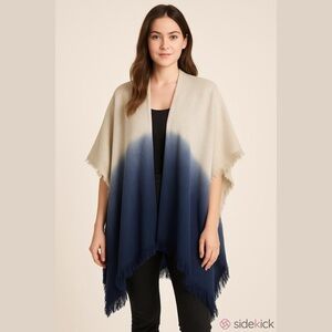 Francesca's Poncho Shawl Women's One Size Cream and Blue Dip Dye Raw Hem
